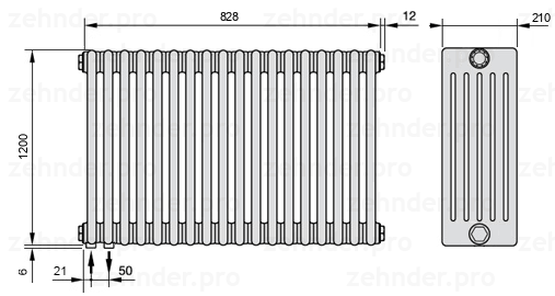 Схема (чертеж) Радиатор Zehnder Charleston 6120/18 №3370 Белый глянцевый RAL 9016